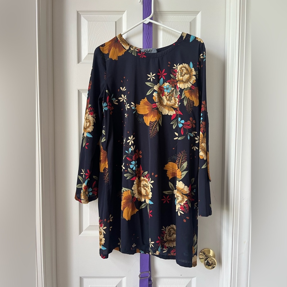 Floral Swing Dress in Navy with Mustard & Red Accents
